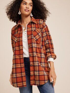 Maurices Orange & Rust Brown Plaid Fleece Tartan Shacket Shirt Jacket